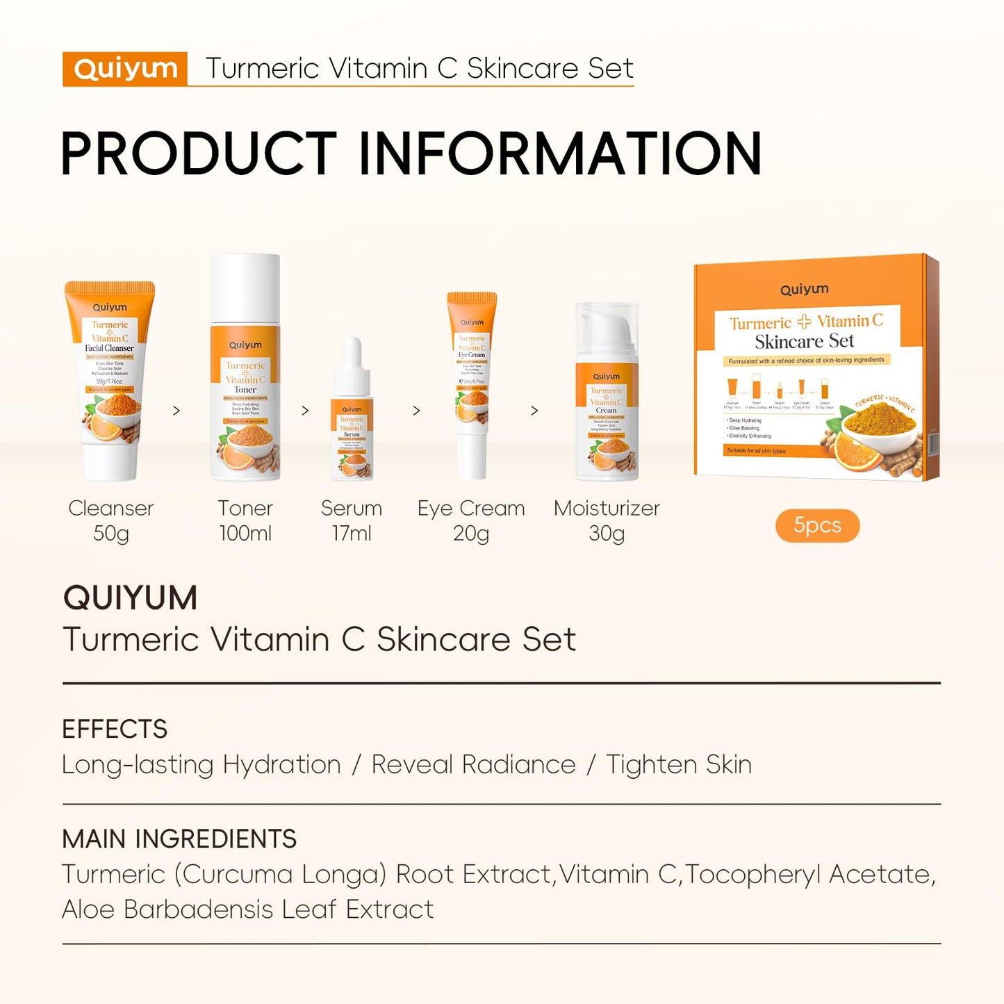 QUIYUM Skin Care Set, Turmeric Vitamin C Skincare Kits 5PCS - Beauty Facial Skin Care Routine Set Kit for Women, Dark Spot Remover for Face, Reduce Acne, Even Tone, Glow, Valentine's Day Birthday Gift