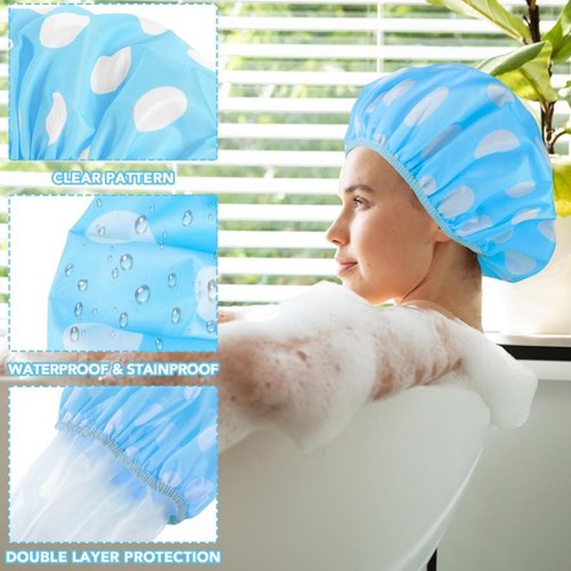 2 Sets Large Shower Caps for Women, Waterproof Shower Cap Double Layers Bath Caps Stocking Stuffers for Women Long Thick Hair (Blue/Yellow)