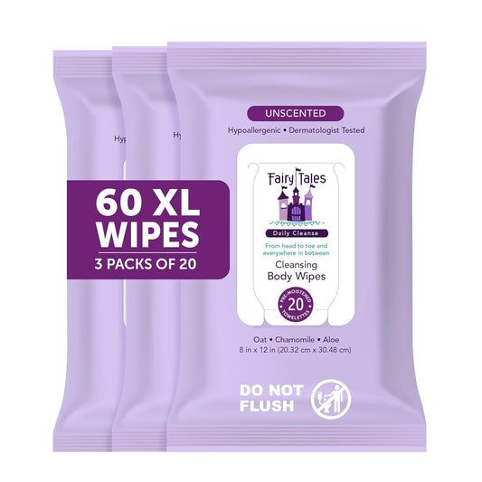 Daily Cleanse XL Wipes for Kids - Gentle, Unscented Disposable Washcloths | 3 Pack (60 Total)
