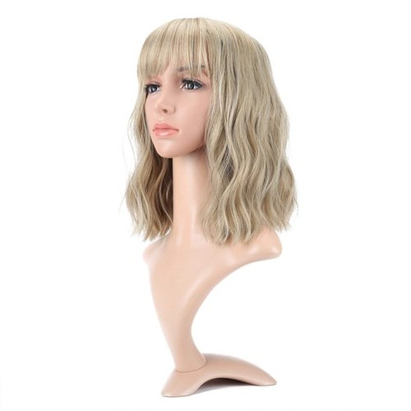 VCKOVCKO Natural Blonde Wigs With Air Bangs for Women Women's Shoulder Length Wigs Curly Wavy Synthetic blonde wig with bang Wigs Blonde Wig for White Women Girls Colorful Wigs(12", Mix Blonde)