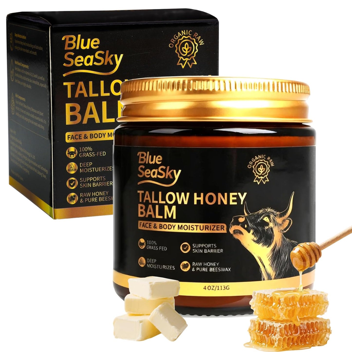 BlueSeaSky Whipped Beef Tallow for Skin with Raw Honey Balm 4/OZ Unscented