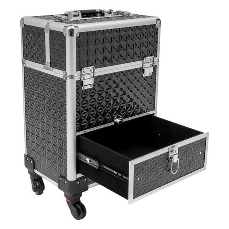 Rolling Makeup Train Case with Drawers, Cosmetic Travel Trolley, Storage Sliding Drawer 4 Tray Cosmetics Beauty Organizer Lockable Luggage Trolley w/Wheels for Nail Art/Hair Styling(Black+Silver)