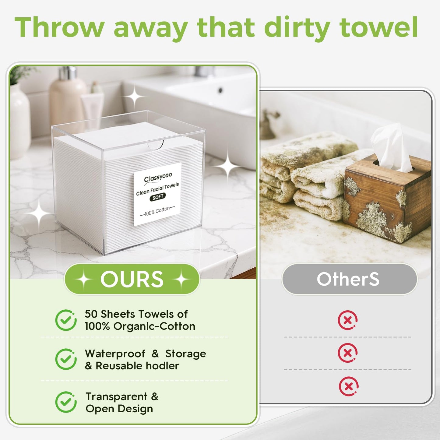 50 PCS Disposable Face Towel Holder, Acrylic Cosmetic Container for Clean Skin Club XL Towel, Makeup Remover Wipes Waterproof Box for Dresser Countertop, Bathroom Storage(Includes Cotton Cloth)