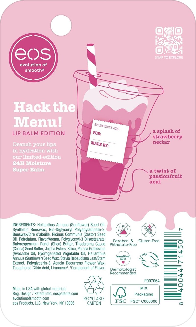 EOS 24H Moisture Super Balm - Strawberry Acai Lip Mask | Deep Hydration Skincare, 0.35 fl oz