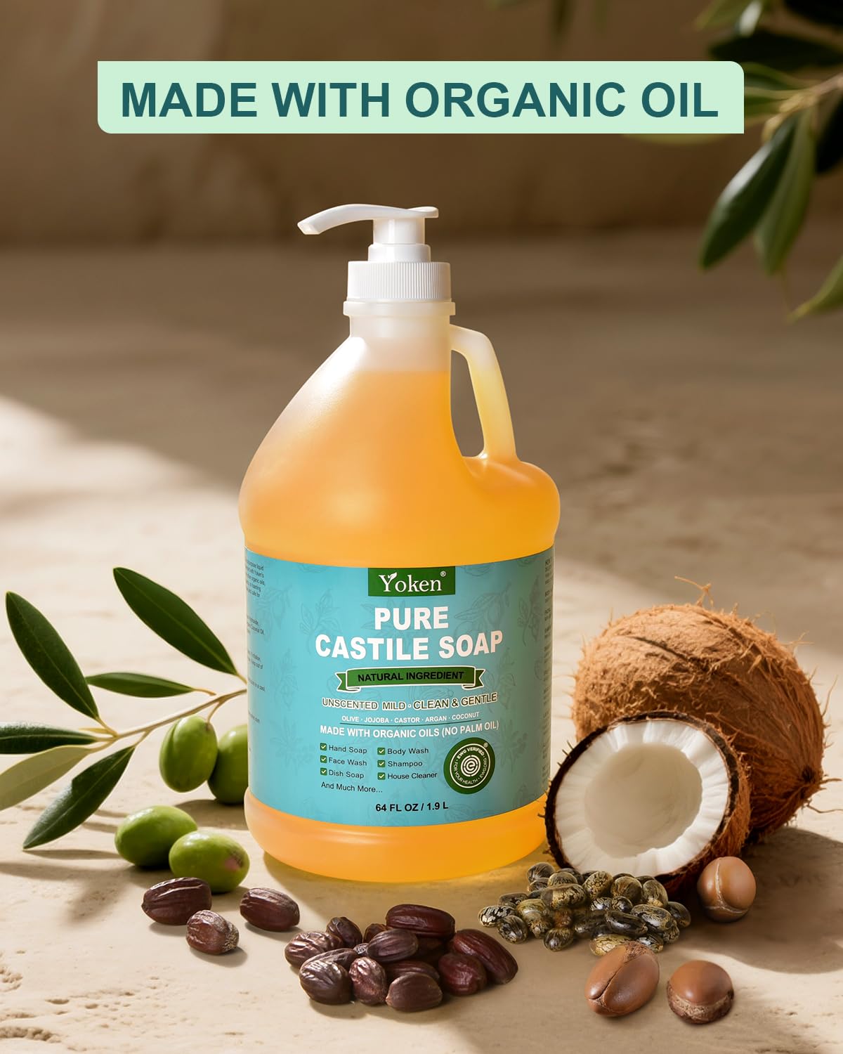Yoken Pure Castile Liquid Soap 64 Oz Unscent Body Hand Wash Dish with Pump