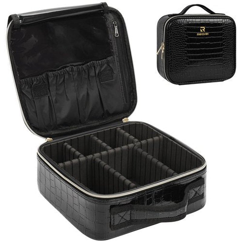 Relavel Travel Makeup Case, Train Case Makeup Brush Organizer, Professional Makeup Artist Makeup Bag, with Adjustable Partition and Shoulder Straps (Crocodile, Small)