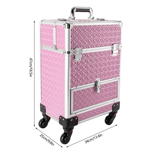 Rolling Makeup Train Case with Drawers&4 Wheel, Professional Aluminum Cosmetic Trolley Cases, Manicure Storage Case Trolley Makeup Case, Portable Beauty/Hair Styling Travelling Cart Trunk (Pink)