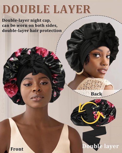 Reversible Satin Bonnet for Sleeping Women Silk Bonnet Double Layer Hair Bonnet with 2PCS Hair Scrunchies Elastic Tie Band Night Cap Hair Wrap for Natural Curly Hair (Black Flower + Black)