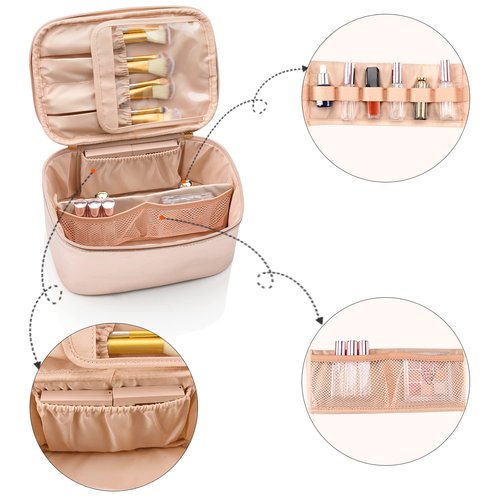 OCHEAL Rose Gold Makeup Bag,Travel Makeup Organizer Bag, Large Capacity Cosmetic Bags For Women Large Travel Toiletry Bag Girls Traveling With Brush Slot And Divider