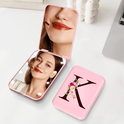KEWWADB Travel Mirror with Lights, Initials Portable Compact Mirror, Travel Essentials, Suitable for Teen Girls, Young Women Gifts Ideas, Birthdays Gifts(Pink) (K)