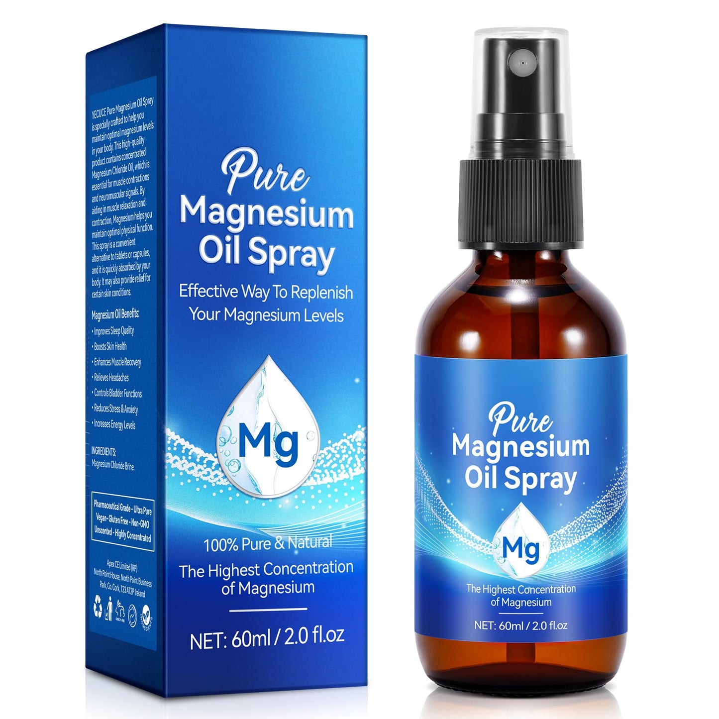 Pure Magnesium Oil Spray, 100% Pure & Natural Magnesium Oil Spray 2.0 fl. oz, Magnesium Oil Spray for Sleep Quality, Skin, Muscle, Men and Women.