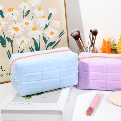 SOIDRAM 2 Pieces Makeup Bag Cute Cosmetic Bag Plush Blue Purple Makeup Pouch Travel Toiletry Bag Organizer Makeup Brushes Storage Bag for Women