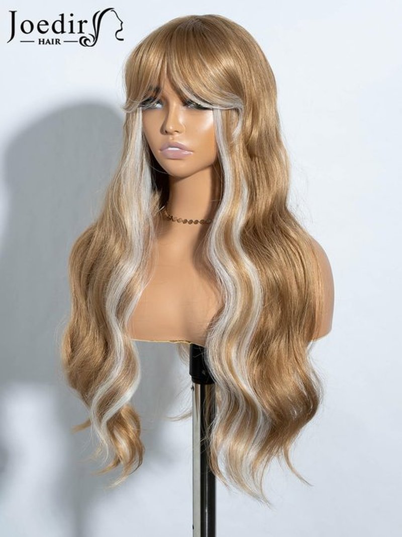 JOEDIR HAIR Blonde Brown Wig with Bangs Long Wavy Wigs for Women Curtain Bangs Wig 26 Inch Synthetic Wig Halloween Costumes Cosplay Party Wigs
