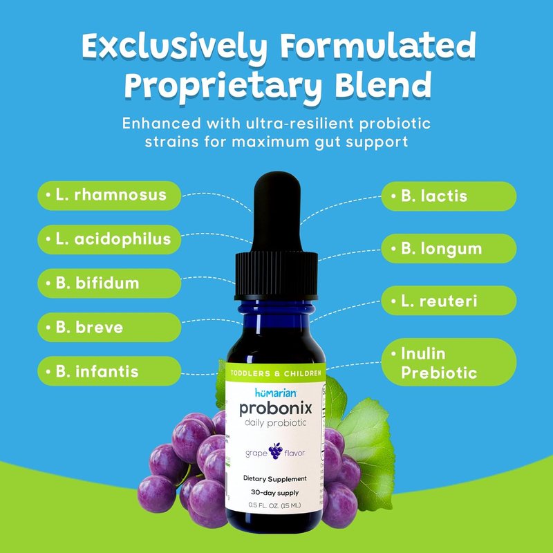 Probonix Humarian Probiotics for Kids 1-9 Years | High Bioavailability 8-Strain Liquid Drops - 30-Day Supply, Tasty Grape Flavor