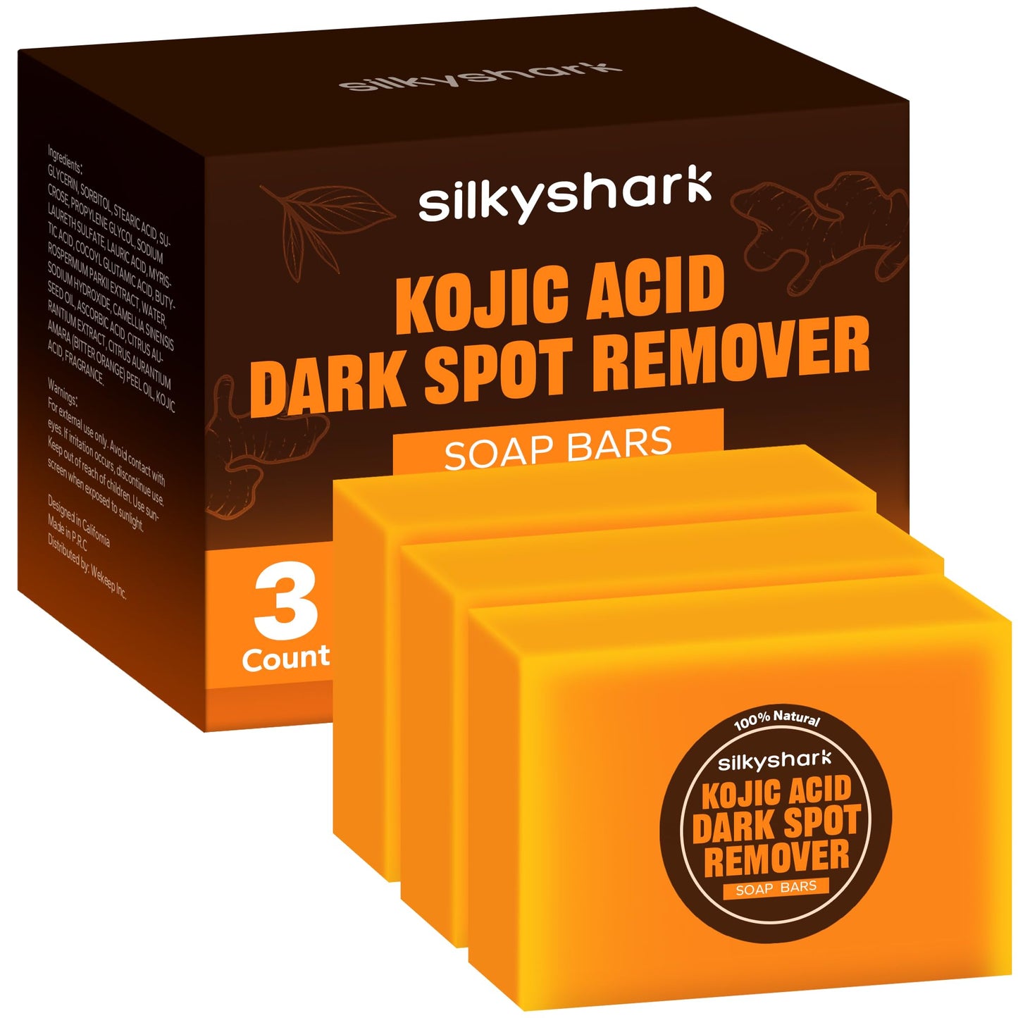 SilkyShark Kojic Acid Soap (3 Count), Turmeric Soap Bar for Dark Spots,Gentle Soap for Face and Body, Complex Infused with Hyaluronic Acid, Vitamin E, Shea Butter