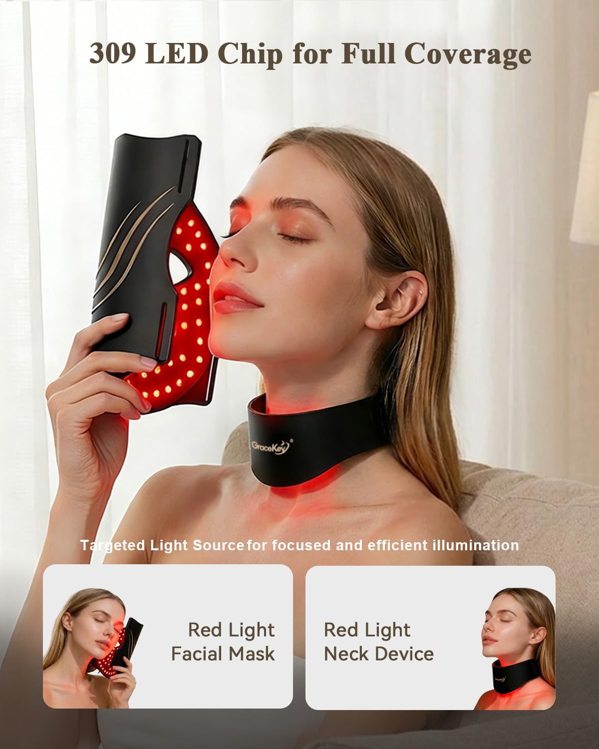 Gracekey Red Light Therapy for Face and Neck, Red Light Therapy Mask with Neck Masks, 2000mAh Rechargeable Light Therapy with Timer for Home Use