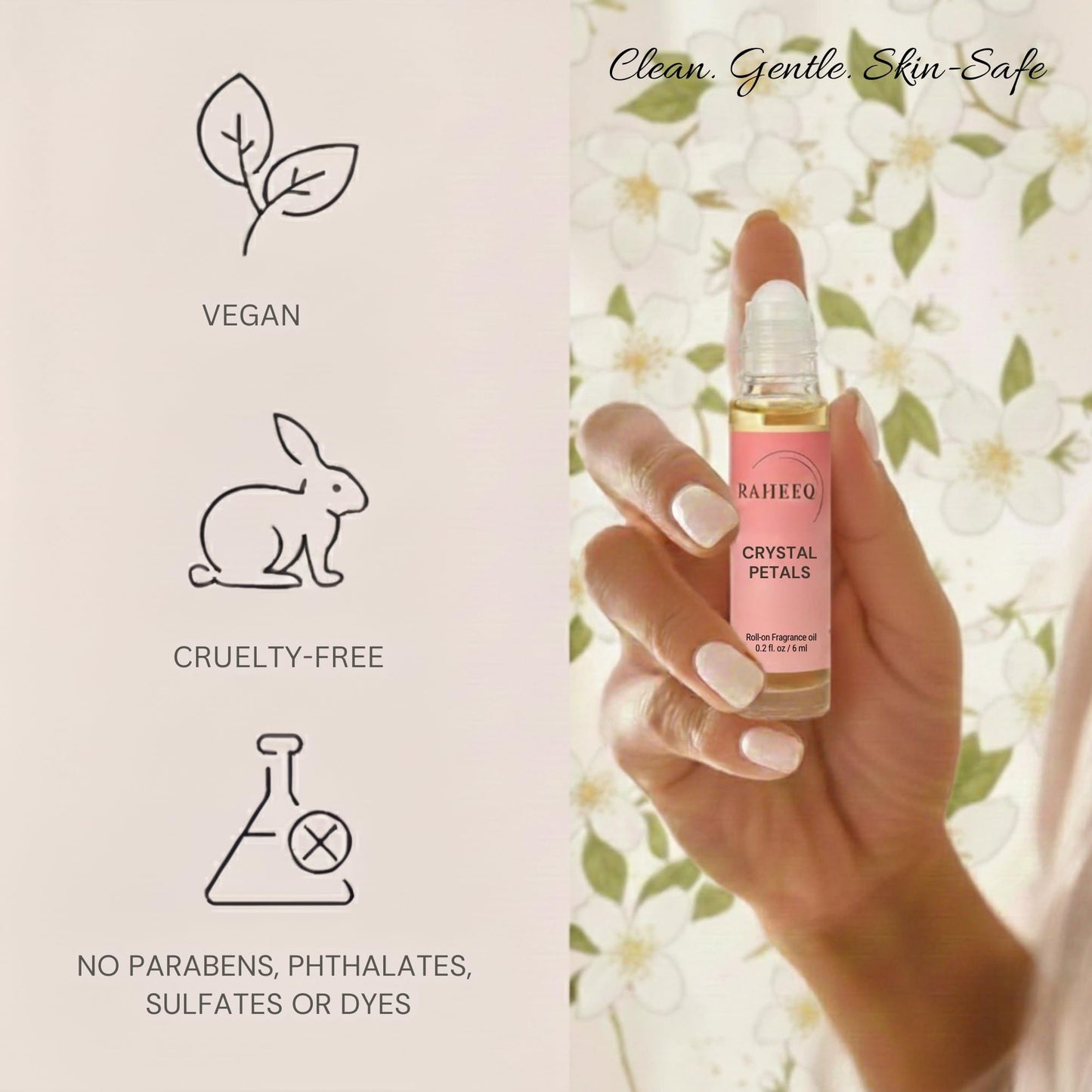 Raheeq Crystal Petals Perfume Oil Roll-On – Long Lasting Jasmine & Rose Fresh Floral Attar, Concentrated Alcohol Free Luxury Arabian Blend, Premium Unisex Fragrance, 6 ml (0.2 fl oz)