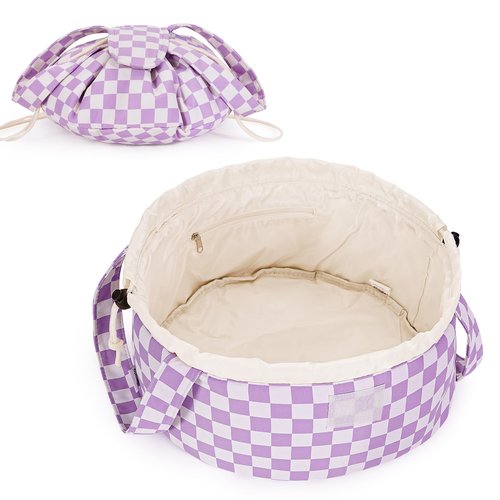 Barrel Drawstring Checkered Makeup Bag Large Cosmetic Bag Make up Bags Toiletry Organizer for Women (Purple Checkerboard) (Patent)