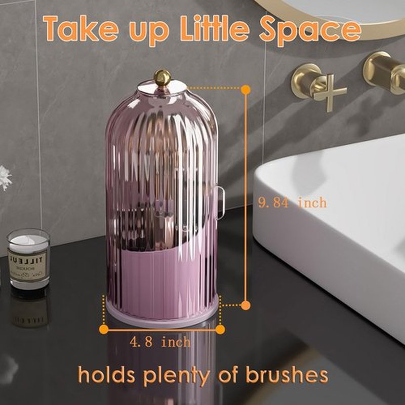 YOOLENS Makeup Brush Holder Organizer with Lid,360 Rotating Clear Dustproof Makeup Brushes Organizer for Vanity Desktop Bathroom Countertop, Pink