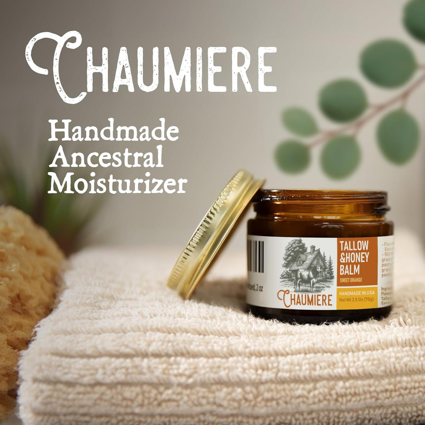 Chaumiere Herb Infused Organic Grass Fed Beef Tallow Honey Balm - Face Moisturizer with Raw Honey & Natural Herbs - Whipped Cream for Dry & Sensitive Skin - 2.5 oz (Sweet Orange)