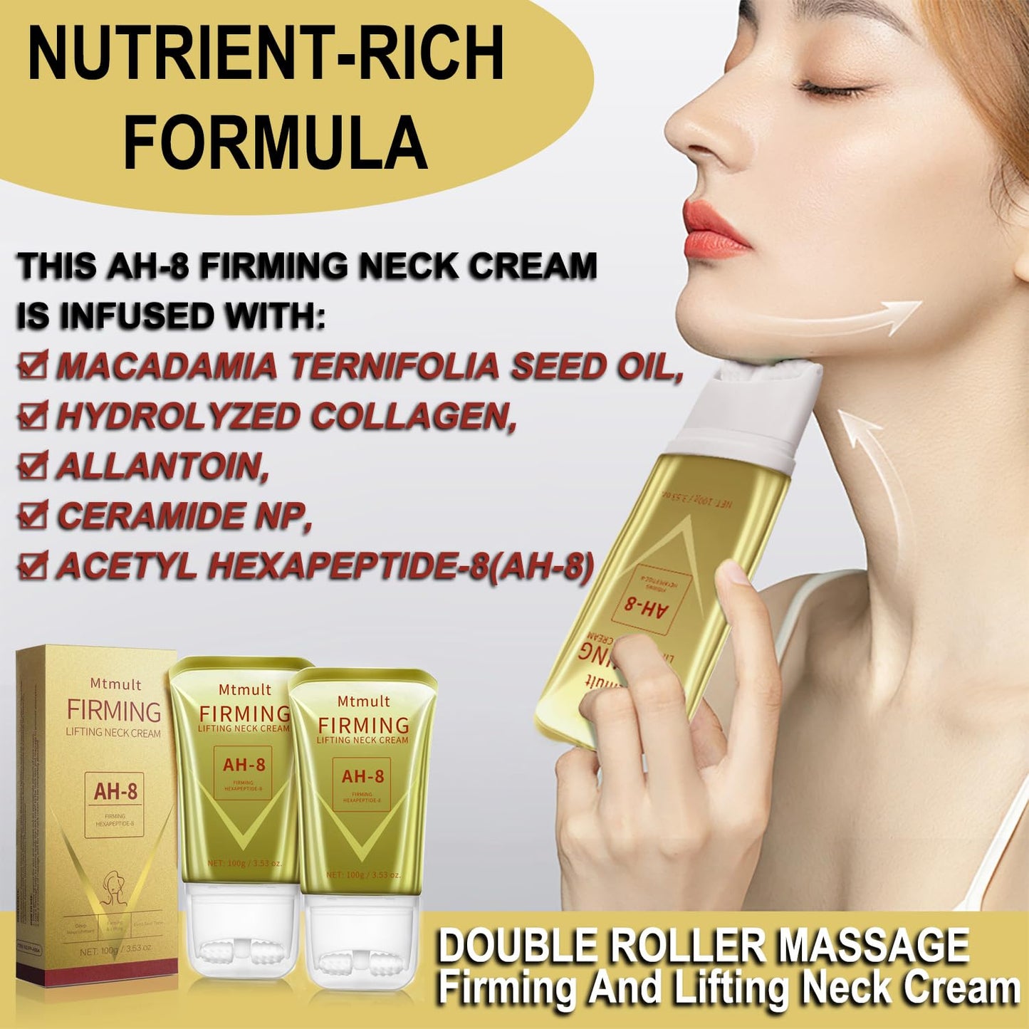 Mtmult AH-8 Firming Neck Cream, Neck Creams for Tightening and Firming, Neck Cream Tightening Lifting Sagging Skin, Hydrolyzed Collagen, Ceramide NP, Allantoin, Lifting Cream for Women & Men (Pack 2)
