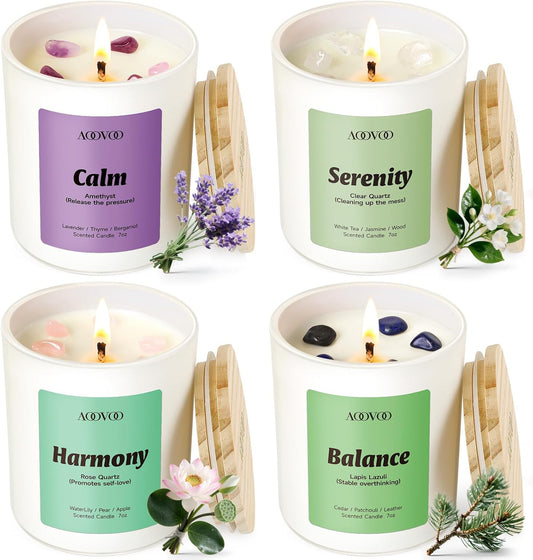 Calm Candles Set - Aromatherapy Scented Candles for Home | 4 Pack, 28 oz, 200 Hour Burn, Crystals Included