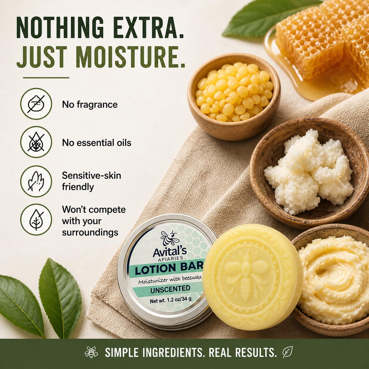 Avital's Apiaries Fragrance Free Beeswax Lotion Bar – Unscented Hand, Lip & Body Balm for Sensitive Skin – Shea, Mango Butter, Argan Oil – Unisex, Travel-Friendly, Plastic-Free