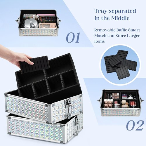 Stagiant Rolling Makeup Train Case Large Storage Cosmetic Trolley 4 in 1 Large Capacity Trolley Makeup Travel Case with Key Swivel Wheels Salon Barber Case Traveling Cart Trunk Shiny Silver