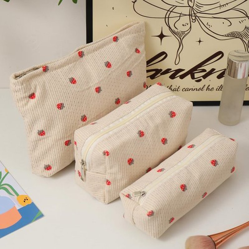 LYDZTION 3Pcs Corduroy Makeup Bag Cosmetic Bag for Women, Strawberry Makeup Bag Cute Small Makeup Bag Storage Bag Travel Toiletry Organizing Bag Pouch,Strawberry