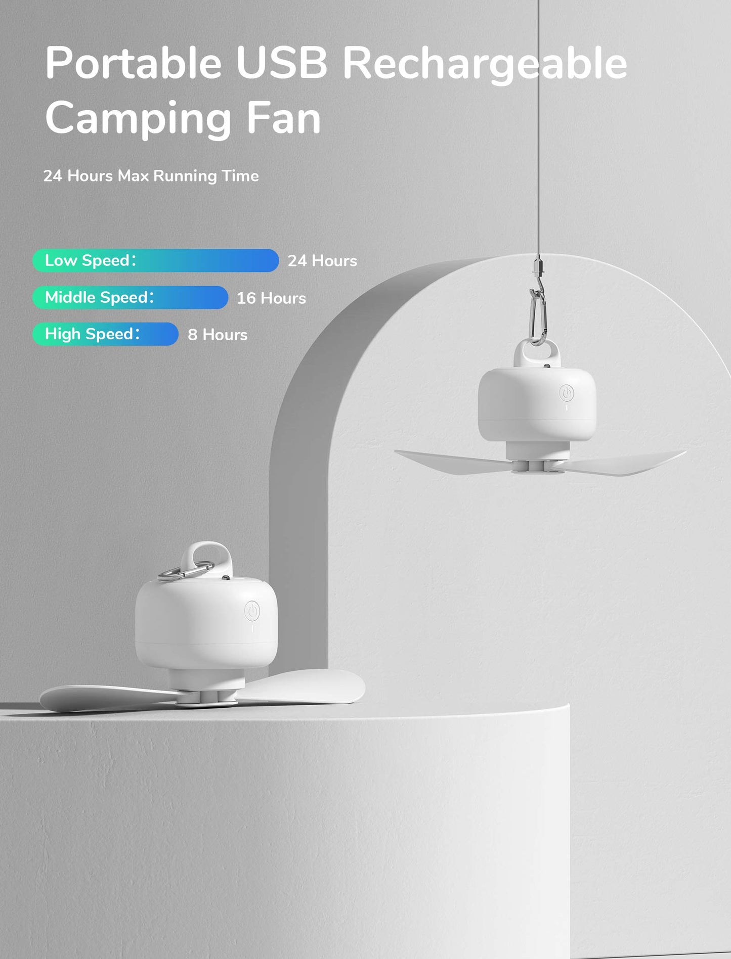 JISULIFE Camping Fan 8000mAh Battery Operated, Portable Tent Rechargeable with Remote Control, Detachable Fan-Blades, Hanging Hook, Timer, 4 Speeds for Outdoor Dorm-White