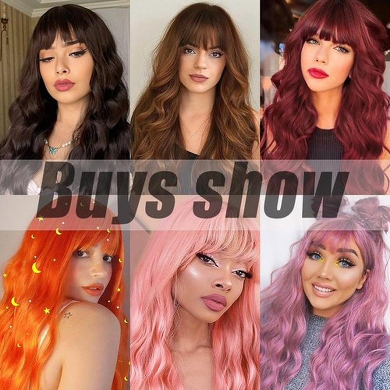 COSYMAY Wavy Wig With Bangs Synthetic Body Wave Wig for Women (Burgundy wig)