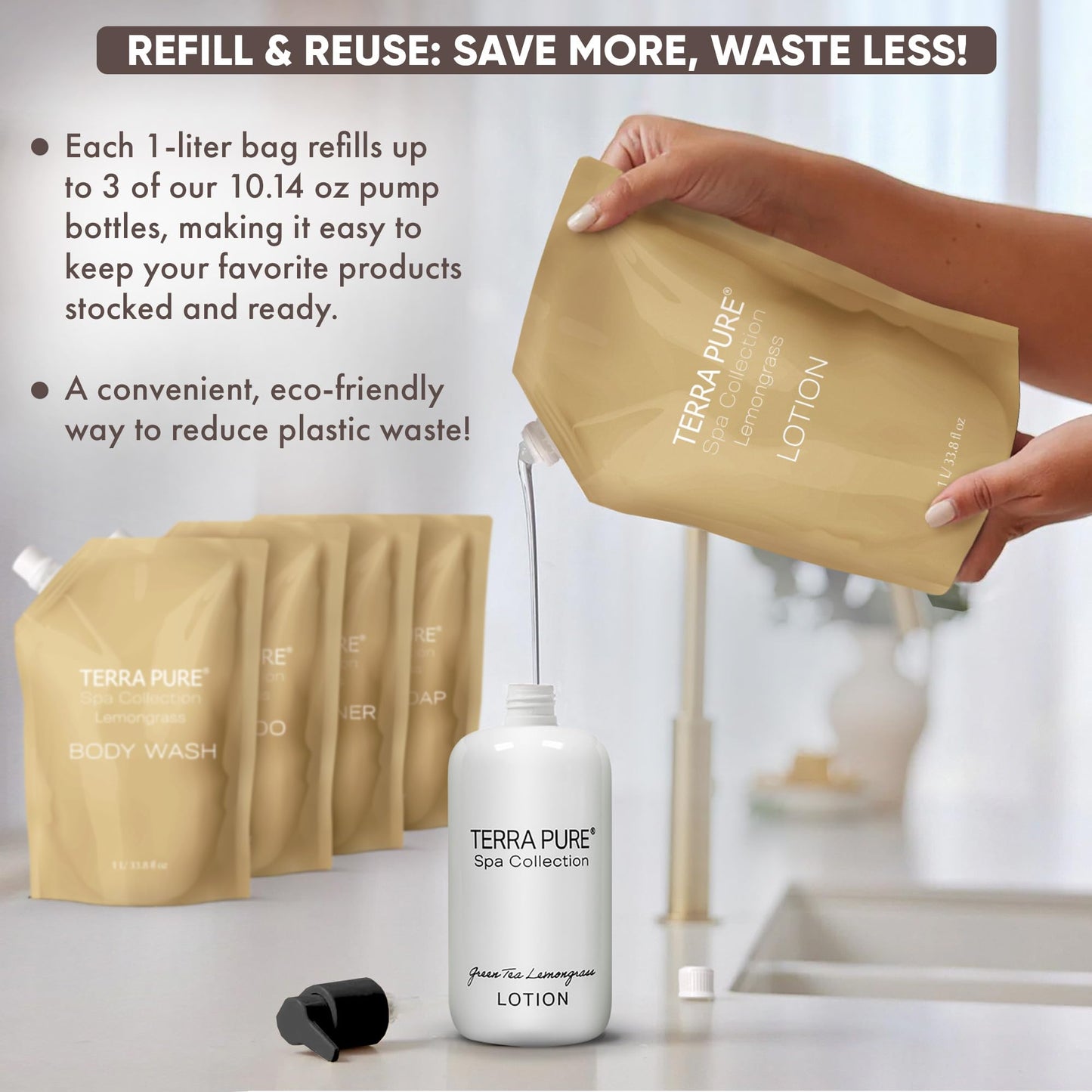 Terra Pure Spa Collection 1 Liter Lotion Refill Bag for Soap Dispensers | Bulk Toiletries for Vacation Rentals and Home Bathroom Showers | Green Tea Lemongrass | Set of 3