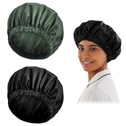 Reusable Shower Cap for Women, Large Waterproof Shower Bonnet Washable Elastic Band Bath Hair Hat for Long Hair, Braids(Black&Green)