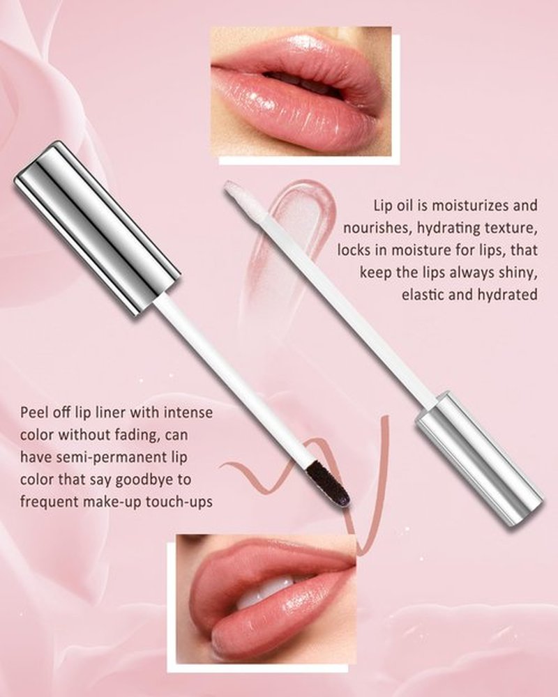 Peel Off Lip Liner Stain, Long Lasting Stay Waterproof Lip Tint Stain Peel Off, Mauve Lip Liner Tattoo and Clear Glitter Lip Gloss Combo, Non-Stick Cup Nourishing Shimmer Lip Oil Lipstick Makeup-Set 2