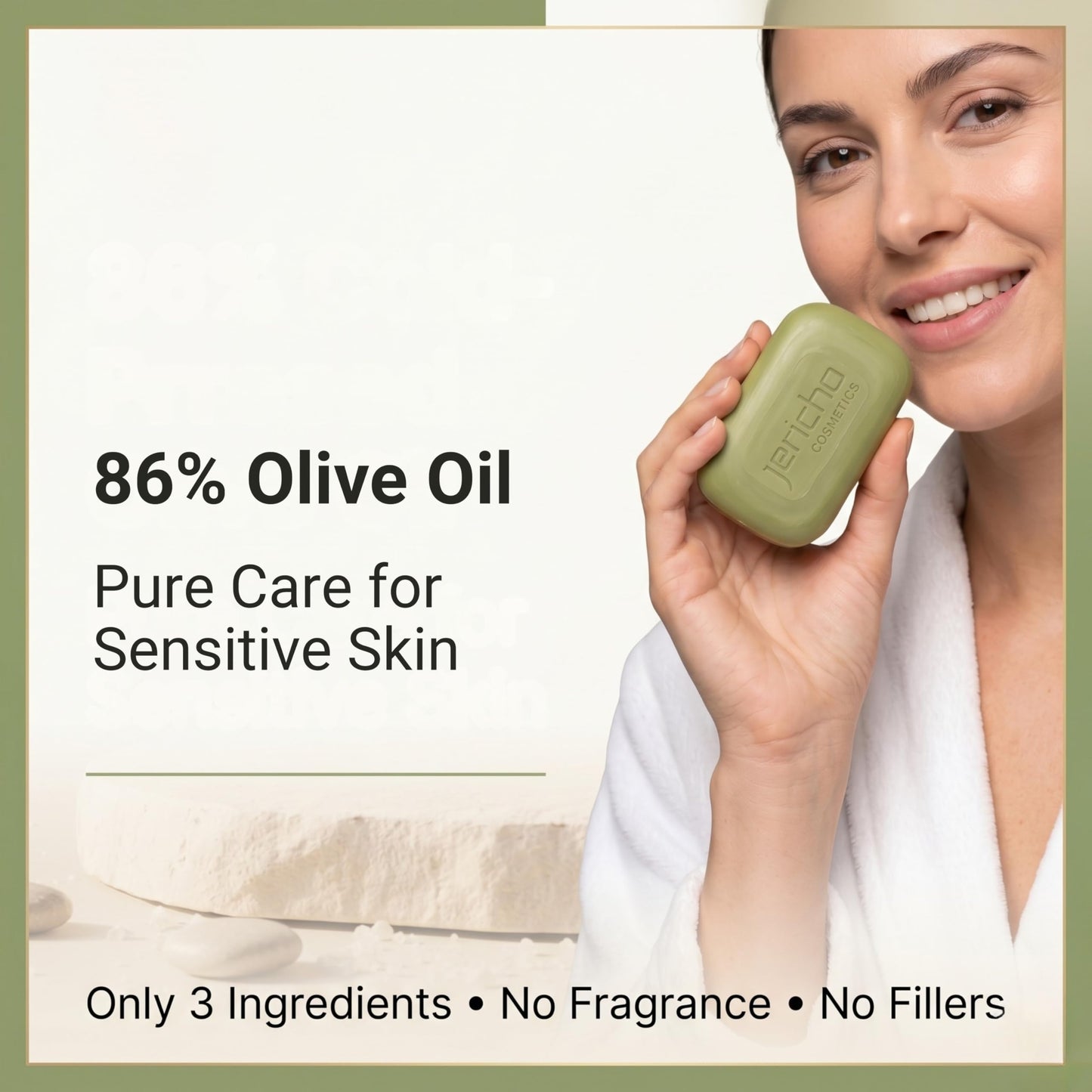 Jericho Olive Oil Soap Bar – 86% Pure Cold Pressed Natural Soap for Sensitive Skin, Face & Body – Fragrance Free, Palm Oil Free, Vegan Cleanser – 2 Bars 4.4 oz Each