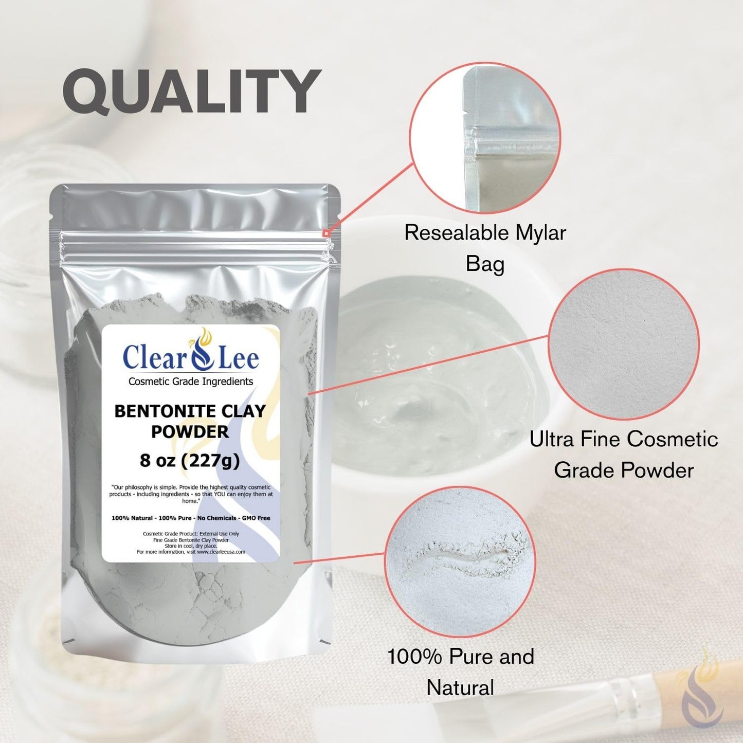 ClearLee Bentonite Clay Cosmetic Grade Powder - 100% Pure Natural Powder - Indian Clay - Great For Skin Detox, Rejuvenation, and More - Heal Damaged Skin - DIY Clay Face Mask (1 LB)