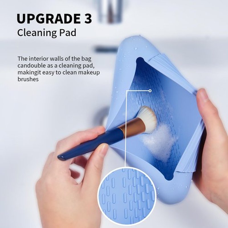 AGIKET Silicone Makeup Brush Holder Travel Cosmetic Bag：Soft Portable Cosmetic Face Brushes Holder with Upgrade Anti-Fall Out Magnetic Closure, Large Travel Makeup Brush Case - Blue