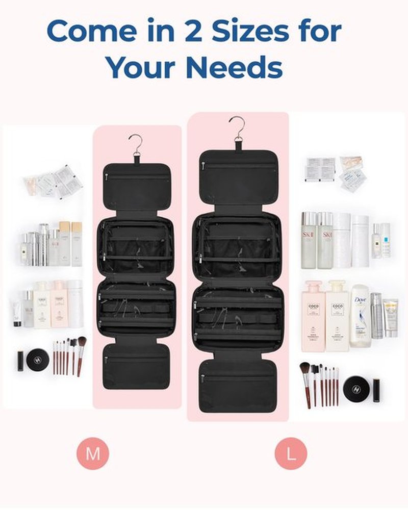 BAGSMART Travel Toiletry Bag with Jewelry Organizer, Hanging Travel Bag for Toiletries, Puffy Makeup Cosmetic Bag Organizer, Carry-on Travel Accessories Essentials, Black-M
