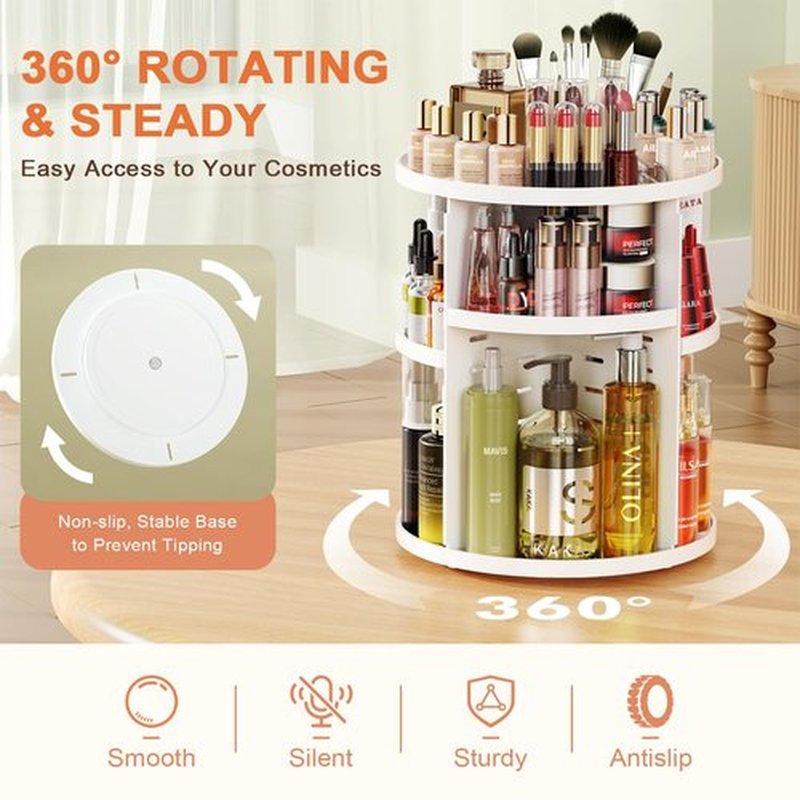 Auxmir Rotating Makeup Organizer, DIY 7 Adjustable Layers Spinning Skincare Organizer, Cosmetic Organizer with Brush Holder Perfume Tray, Multi-Function Storage Carousel for Vanity Bathroom Countertop