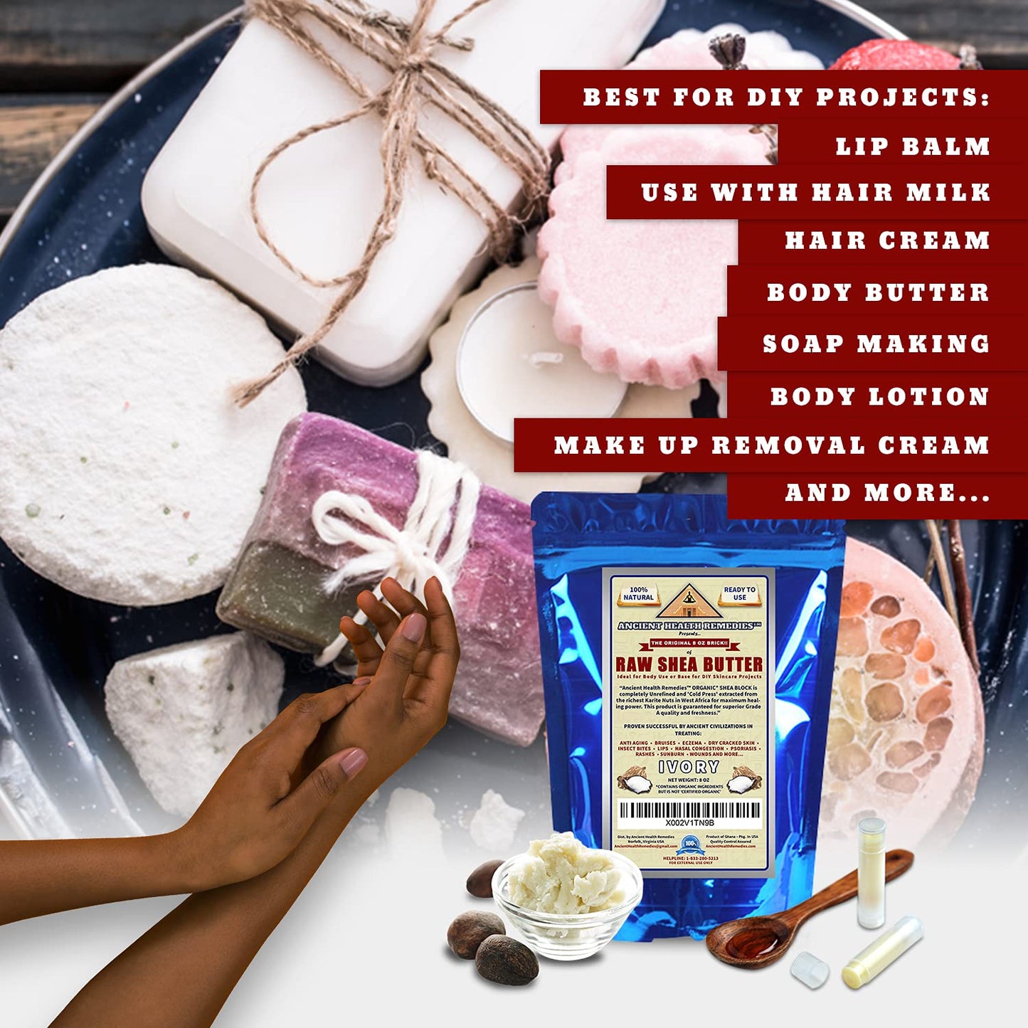 ANCIENT HEALTH REMEDIES Organic Unrefined Raw AFRICAN IVORY WHITE SHEA BUTTER BLOCKS/JAR Bulk Size Grade A for Anti Aging Dry Skin Base for DIY Body Butter, Beauty
