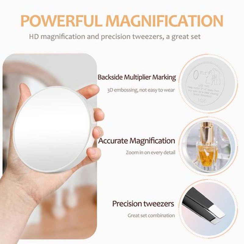 Magnifying Mirror 10X&20X Set, Magnified Mirror 3.5" with Two Suction Cups and Tweezers, Travel Magnifying Mirror Set Comes with Portable Storage Bag, Compact Small Magnifying Mirror for Travel(White)
