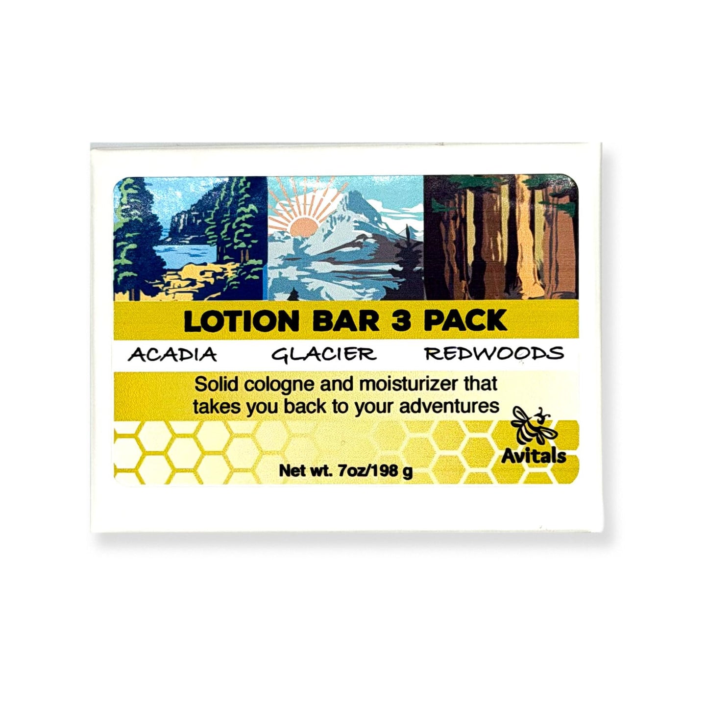 Avital's Apiaries National Parks Lotion Bar Gift Set (3-Pack) Solid Beeswax Moisturizer with Shea Butter & Mango Butter Travel-Friendly, Plastic-Free Skincare Inspired by Acadia, Glacier & Redwood
