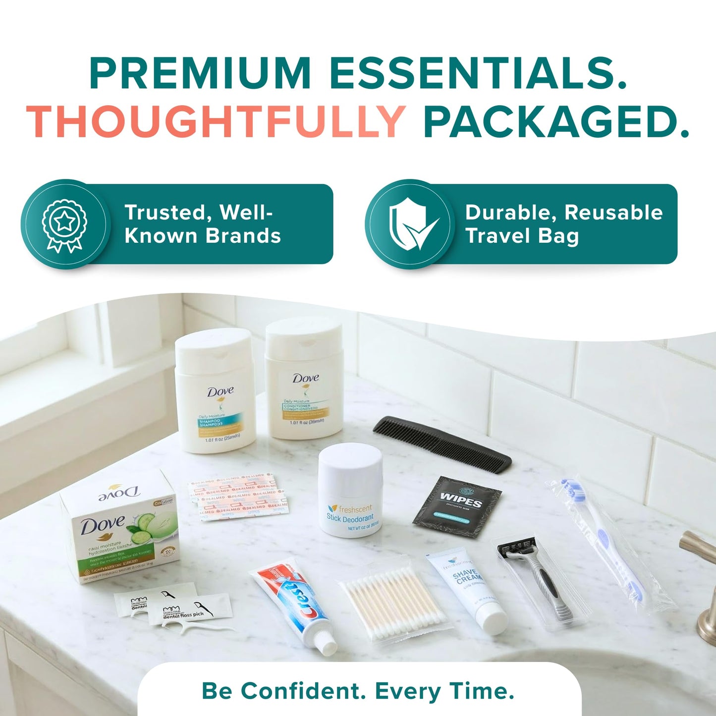 TrekTote Complete 15 Piece Unisex Travel Hygiene Kit with Toiletries & Personal Care Essentials, TSA-Compliant, Individually Packaged in Clear Bag, Single or Bulk Packs (5 Pack)