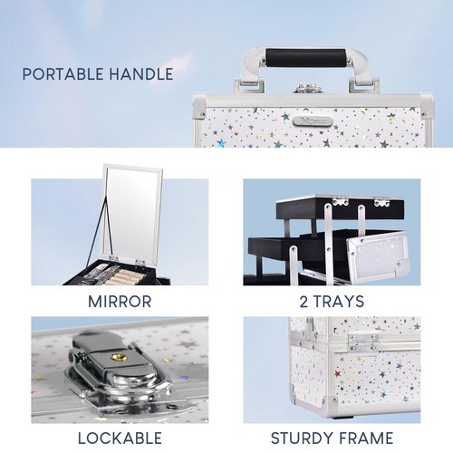 Joligrace Makeup Train Case Cosmetic Box 2-Tier Tray Jewelry Storage Organizer with Mirror Key Lock Portable Carrying Makeup Box - Shining Star