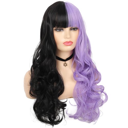 Baruisi Half Black Half Purple Wig Long Curly Wavy Black Purple Synthetic Heat Resistant Costume Cosplay Bangs Wig for Women