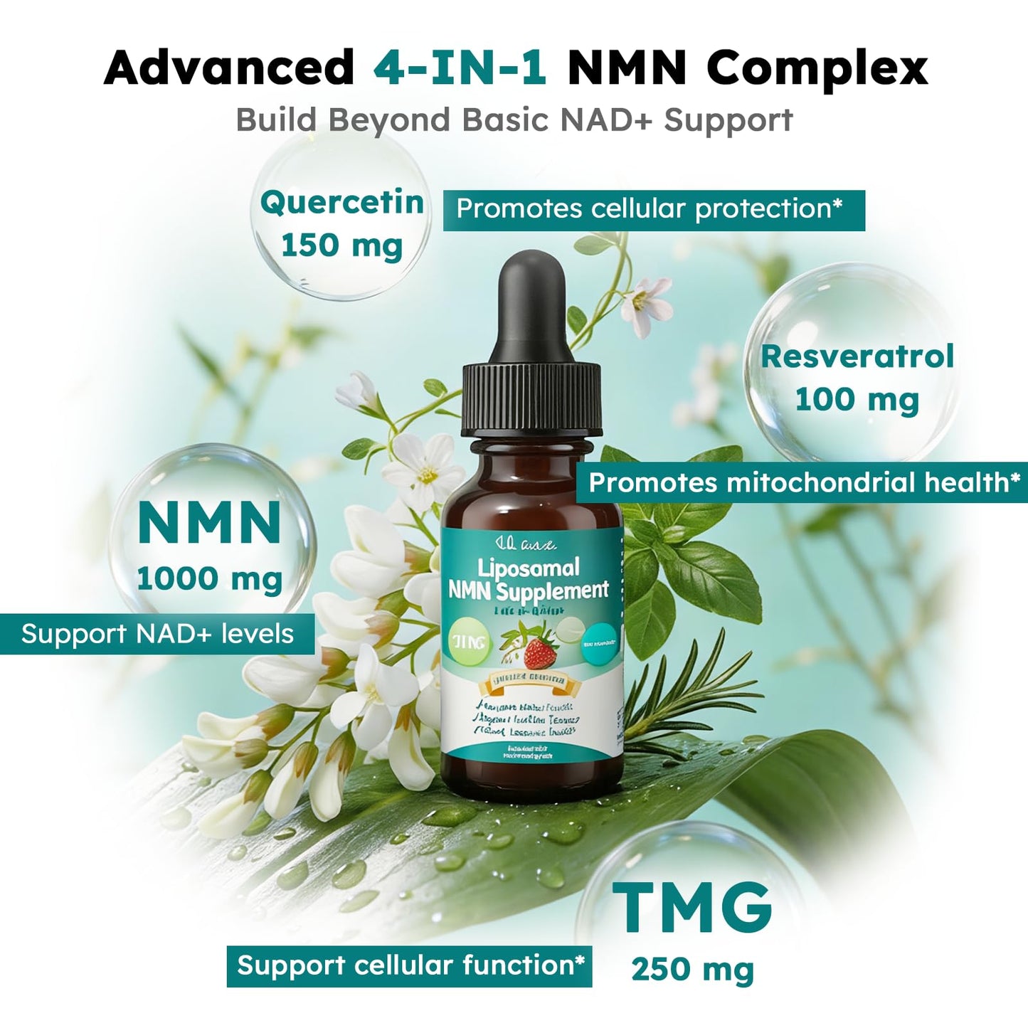 Scibalia NMN Supplement Liquid Drops,4-in-1 NMN Beta 1000mg w. Quercetin TMG Resveratrol for Anti Aging Energy & Immune Support, NMNH Alternative Liposomal High Absorption for Women Men