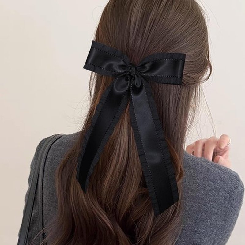 5.5in Large Long Tail Hair Bows Hair Clip Black Hair Ribbon Ponytail Holder Decor Accessories Slides Metal Clips Hair Bow for Women Girls Toddlers Teens Kids
