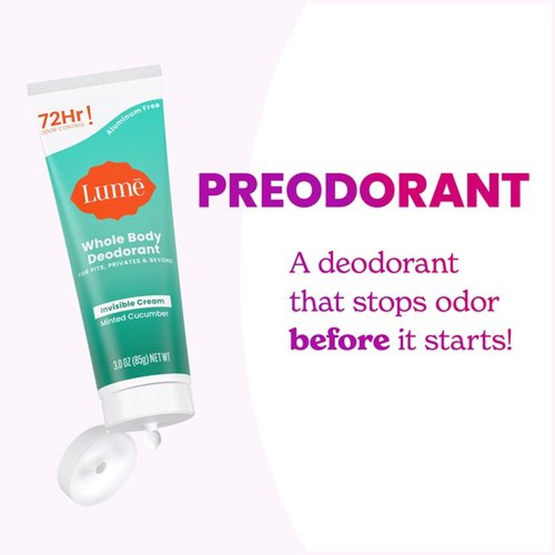 Lume Whole Body Deodorant - Invisible Cream Tube - 72 Hour Odor Control - Aluminum Free, Baking Soda Free, Skin Safe - 3.0 ounce (Minted Cucumber)