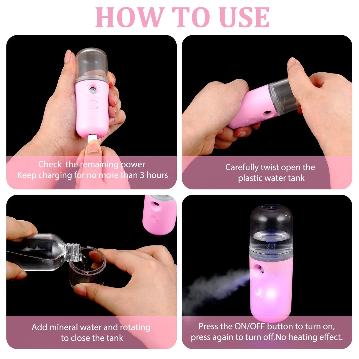 Honoson 2 Pack Nano Facial Mister Spray Bottle Handheld Humidifier Portable Face Mister for Eyelash Extensions USB Rechargeable 1 oz Mini Skin Care Machine for Daily Makeup(Black and Pink)