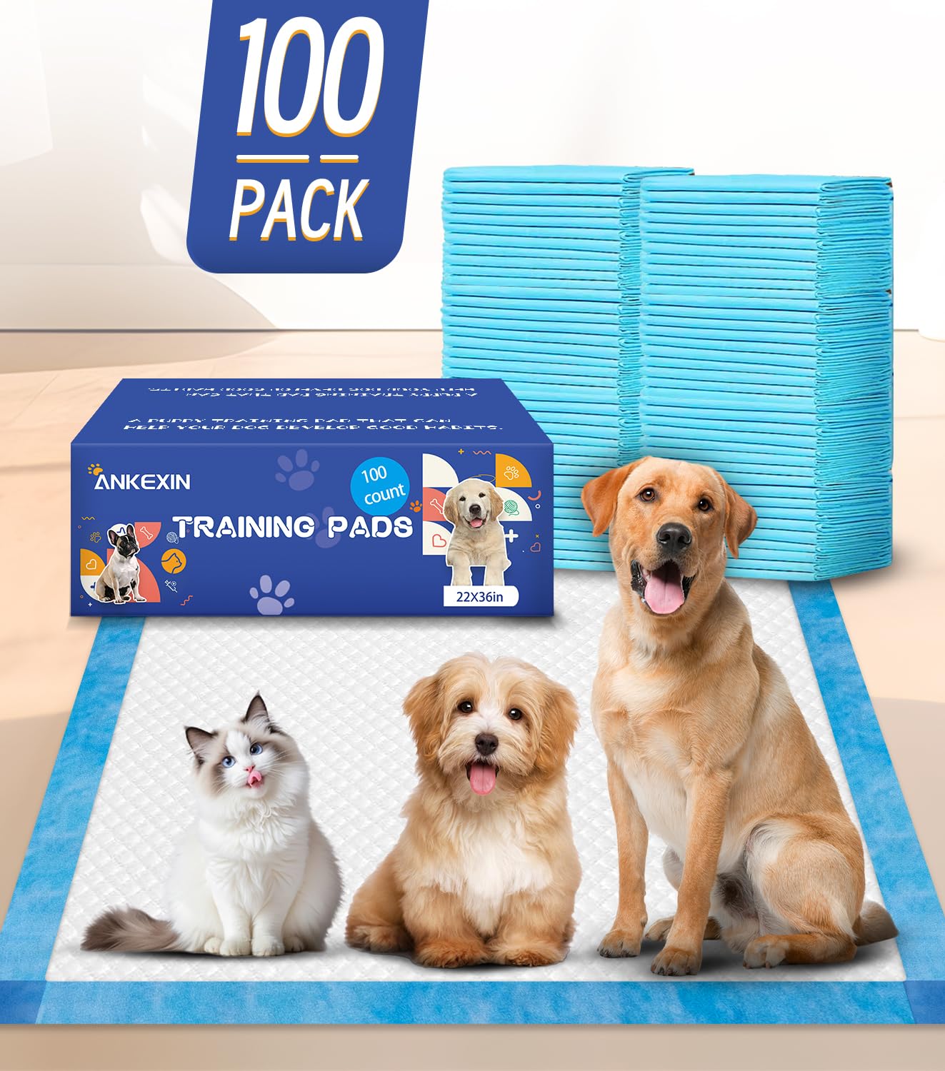 ANKEXIN Large Puppy Pee Pads 22x36 Inch 100-Pack | Extra Absorbent Potty Training Pads for Dogs | Leakproof Quick-Dry & Odor Blocking Pet Housebreaking Supplies